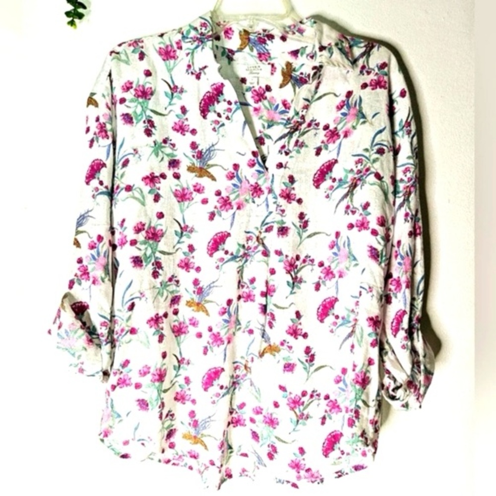 Charter Club 100%Lenin LuXury Floral Button Down Utility Career Blouse sz Small
